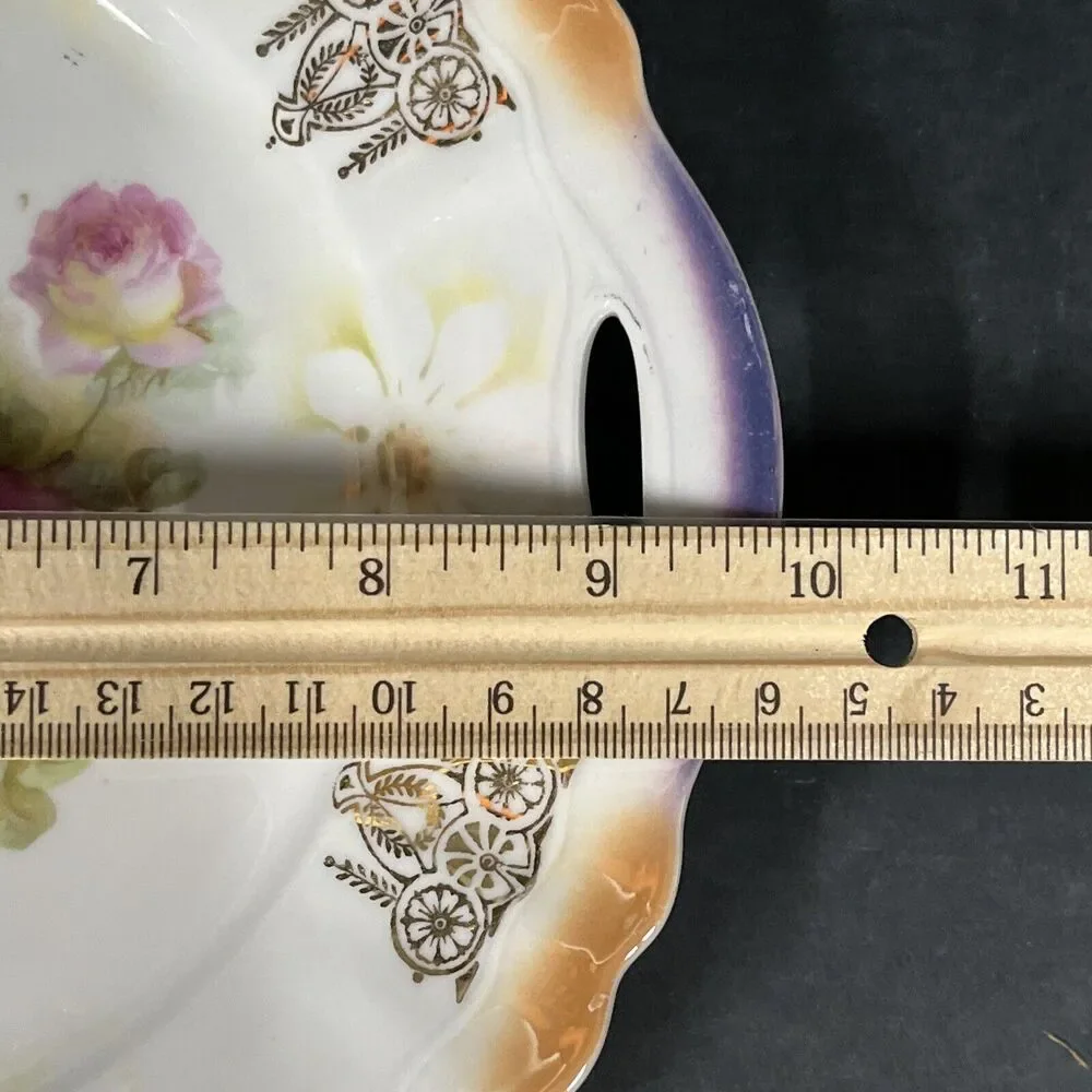 VTG German Porcelain Lusterware Roses Flowers Enclosed Handle‎ Cake Plate 9.75”